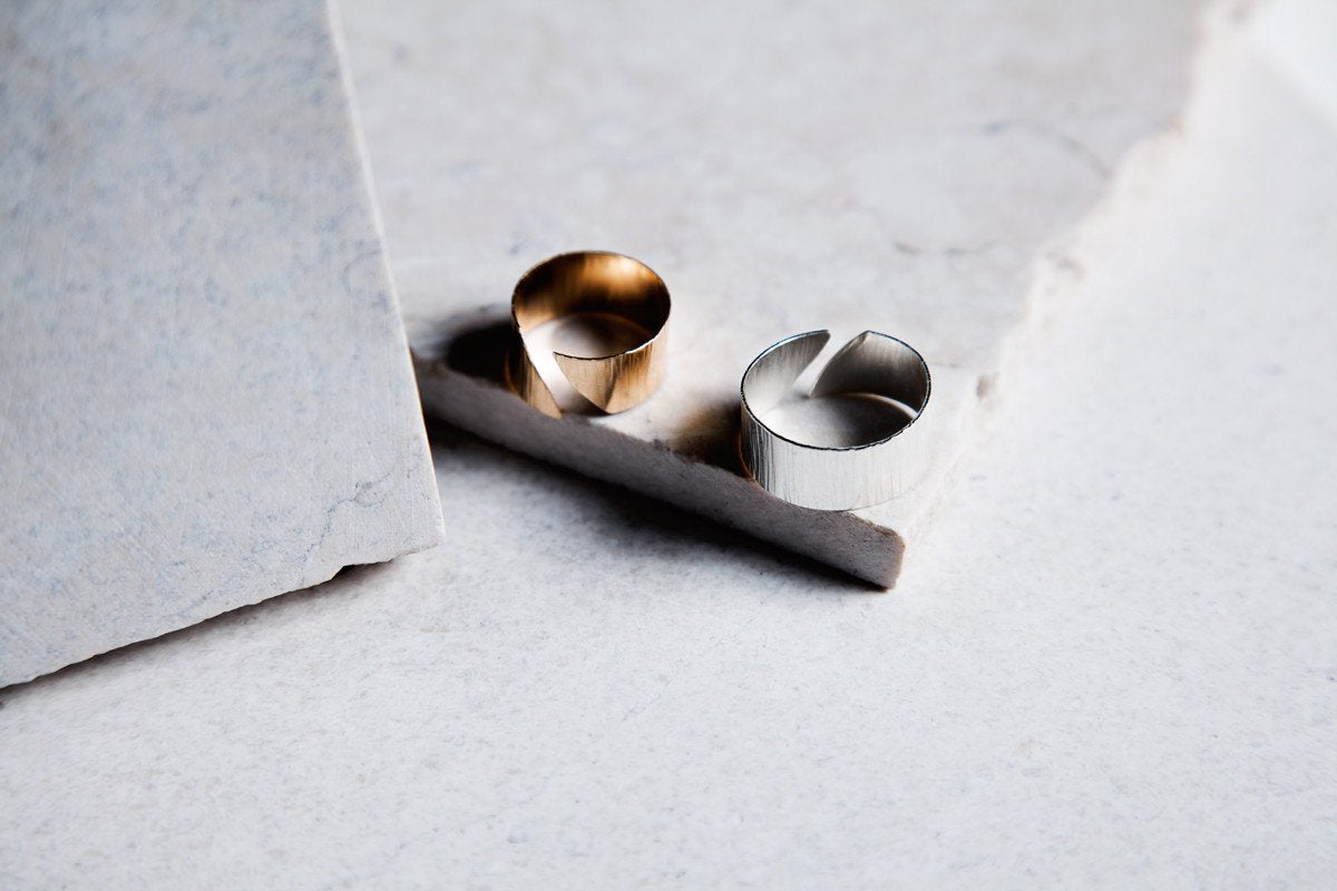 | shale ring | features a narrow hammered texture and curved opening, allowing for slight adjustments to fit the desired finger, available in 14K yellow gold-fill or sterling silver | #failjewelry